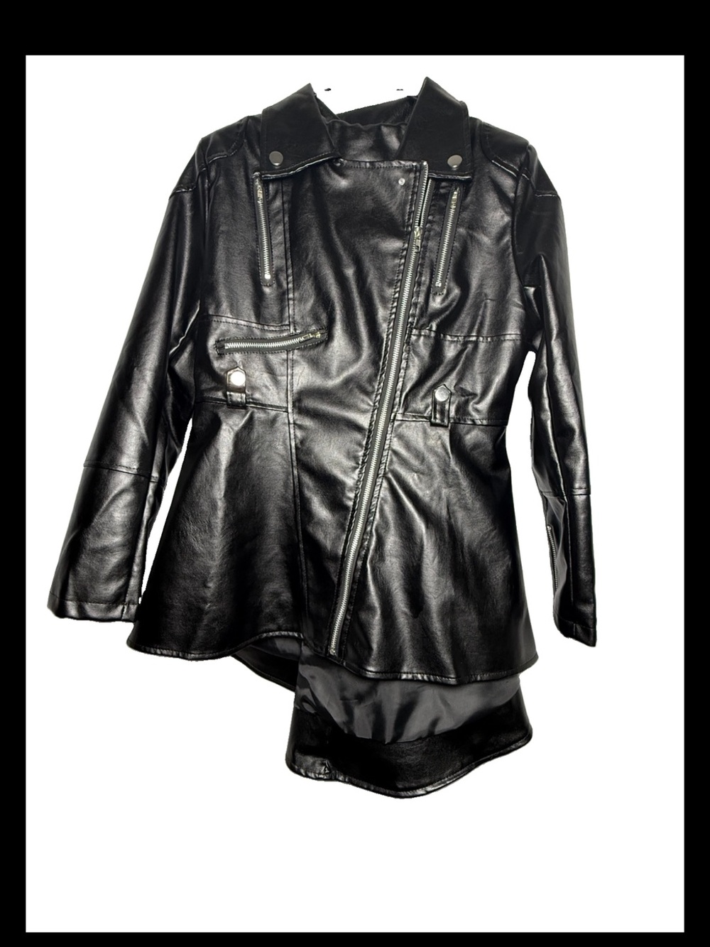 Boutique Black Asymmetrical Faux Leather High Low Peplum Moto Jacket Size M